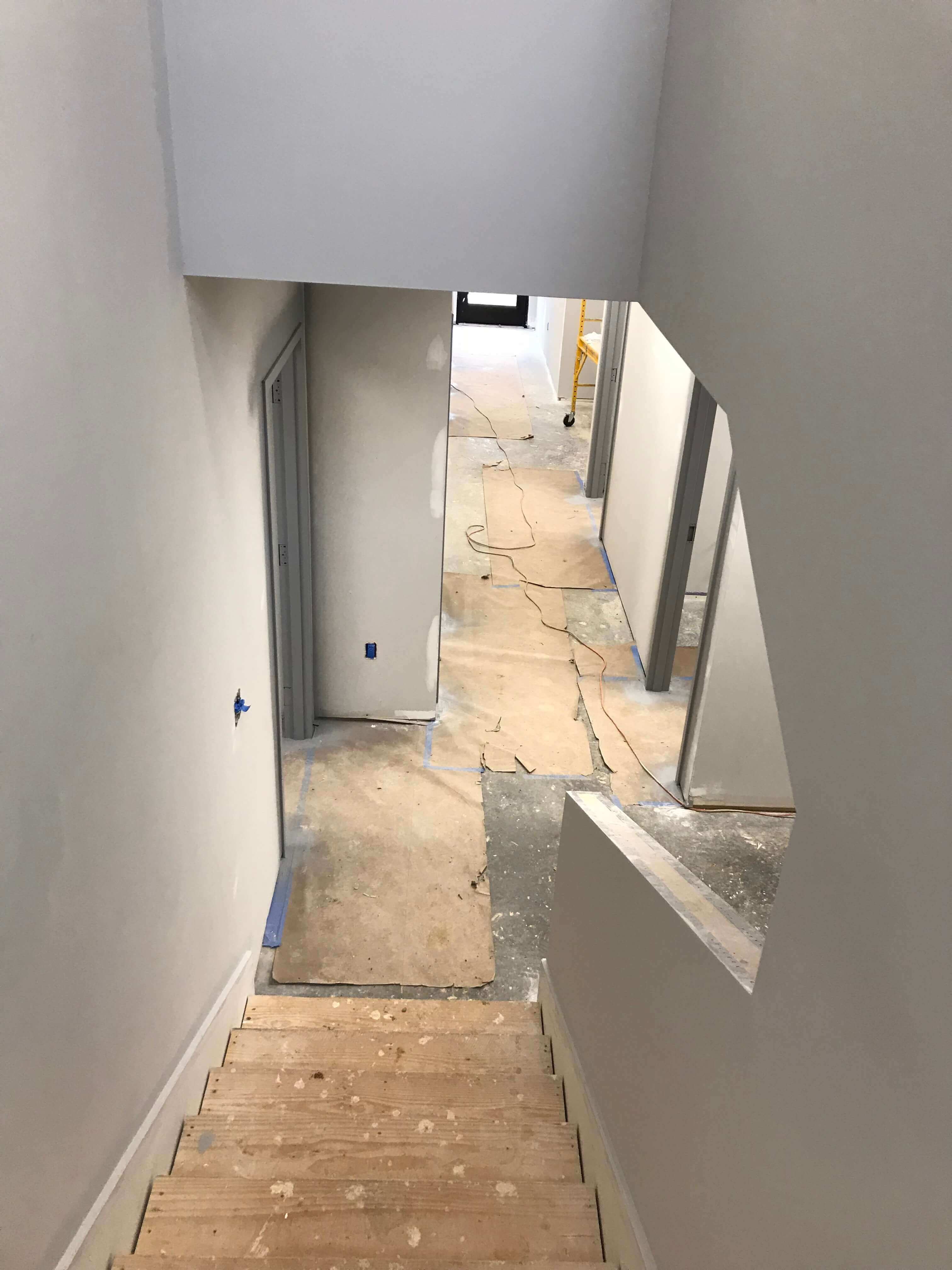 office stairwell and hallway under construction, office builders, commercial construction, commercial general contractors